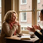 Vrouw luistert aandachtig naar jongere collega die gebaren maakt aan houten cafétafel bij Amsterdamse ramen
