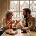 Twee mensen in geanimeerd gesprek aan zonnige Amsterdamse café tafel met koffiekopjes, kanaalhuizen op achtergrond