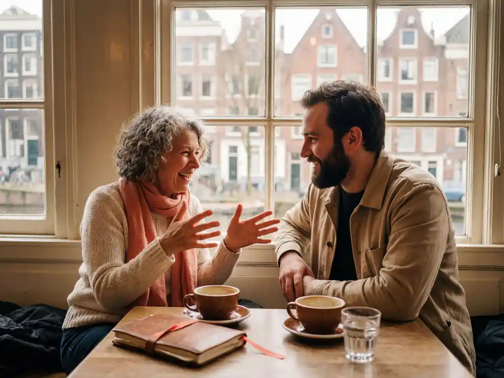 Twee mensen in geanimeerd gesprek aan zonnige Amsterdamse café tafel met koffiekopjes, kanaalhuizen op achtergrond