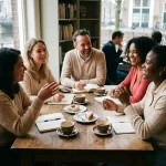Diverse groep mensen in gesprek rond houten tafel in Amsterdam café met koffiekopjes en notitieboeken
