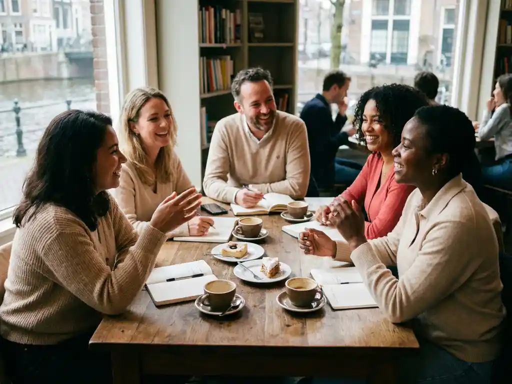 Diverse groep mensen in gesprek rond houten tafel in Amsterdam café met koffiekopjes en notitieboeken