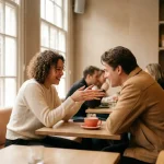 Twee mensen in geanimeerd gesprek in warm Amsterdam café, één persoon gebaart expressief terwijl de ander aandachtig luistert