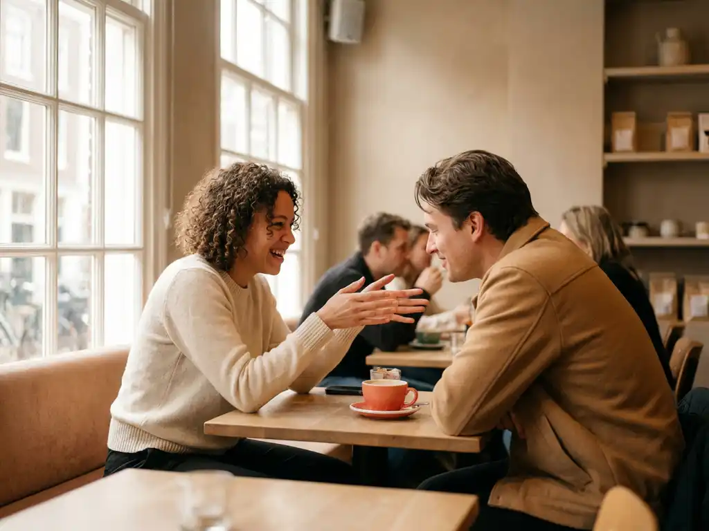 Twee mensen in geanimeerd gesprek in warm Amsterdam café, één persoon gebaart expressief terwijl de ander aandachtig luistert