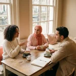 Drie mensen in gesprek aan houten tafel in Amsterdam café met koffiekopjes en notitieboek bij raam