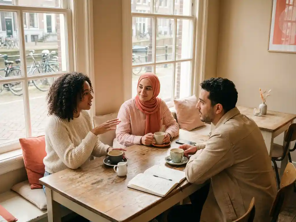 Drie mensen in gesprek aan houten tafel in Amsterdam café met koffiekopjes en notitieboek bij raam