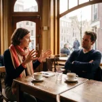 Zakelijke consultant in gesprek met sceptische klant aan houten café tafel in Amsterdam, warme middaglicht door ramen