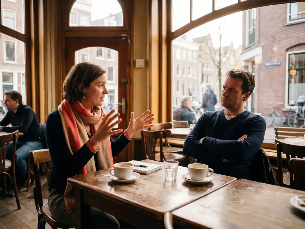 Zakelijke consultant in gesprek met sceptische klant aan houten café tafel in Amsterdam, warme middaglicht door ramen