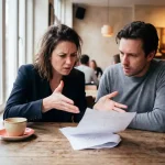 Gefrustreerde zakelijke professional wijst naar verkreukeld merkdocument terwijl collega bezorgd toekijkt in warm Amsterdam café