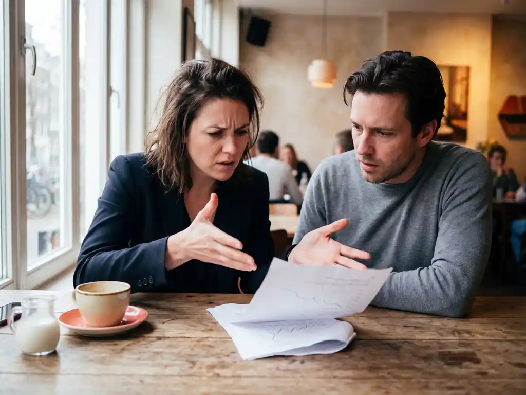 Gefrustreerde zakelijke professional wijst naar verkreukeld merkdocument terwijl collega bezorgd toekijkt in warm Amsterdam café