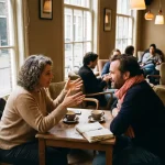 Twee mensen in levendig gesprek over koffie in warm Amsterdams café met natuurlijk licht door grote ramen
