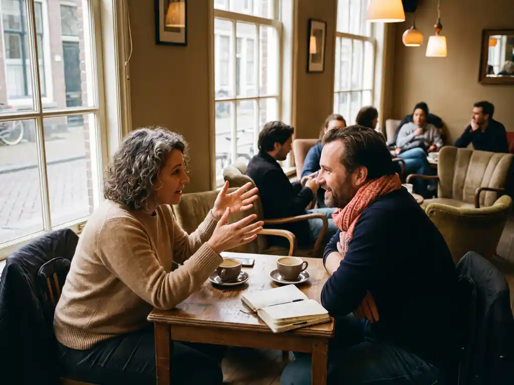 Twee mensen in levendig gesprek over koffie in warm Amsterdams café met natuurlijk licht door grote ramen