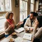 Drie mensen in levendig gesprek aan houten cafétafel in Amsterdam café met natuurlijk licht en koffiekopjes