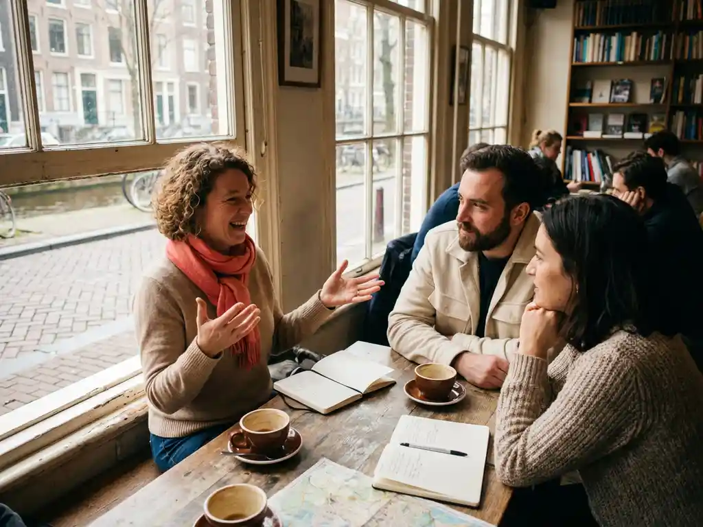 Drie mensen in levendig gesprek aan houten cafétafel in Amsterdam café met natuurlijk licht en koffiekopjes