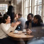 Drie diverse mensen in geanimeerd gesprek aan houten cafétafel in Amsterdam, natuurlijk licht door grote ramen