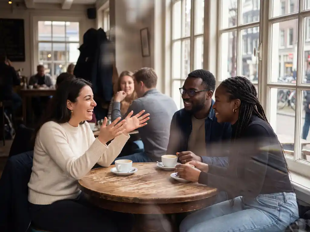Drie diverse mensen in geanimeerd gesprek aan houten cafétafel in Amsterdam, natuurlijk licht door grote ramen