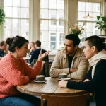 Drie mensen in geanimeerd gesprek aan houten cafétafel bij raam met natuurlijk Amsterdams daglicht