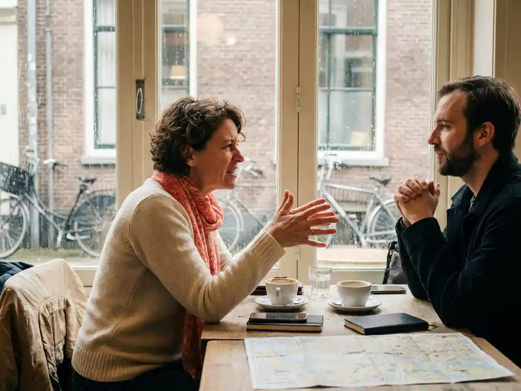 Vrouw gebaart expressief tijdens gesprek in Amsterdams café met bakstenen muren en grote ramen, koffiekopjes op houten tafel