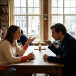 Vrouw in koraalkleurige trui gebaart tijdens gesprek met man in warm verlicht Amsterdam café
