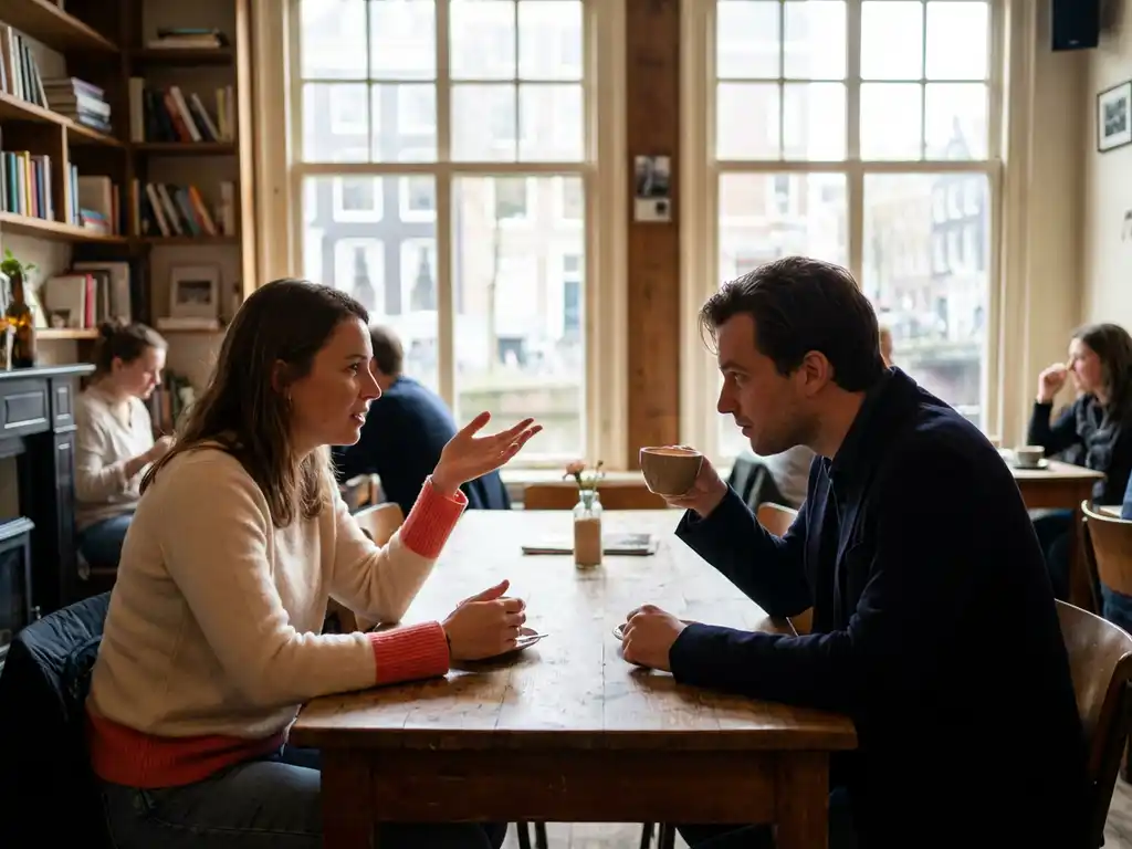 Vrouw in koraalkleurige trui gebaart tijdens gesprek met man in warm verlicht Amsterdam café