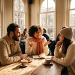 Drie mensen in geanimeerd gesprek aan houten cafétafel in Amsterdam, warme zonnestralen door grote ramen