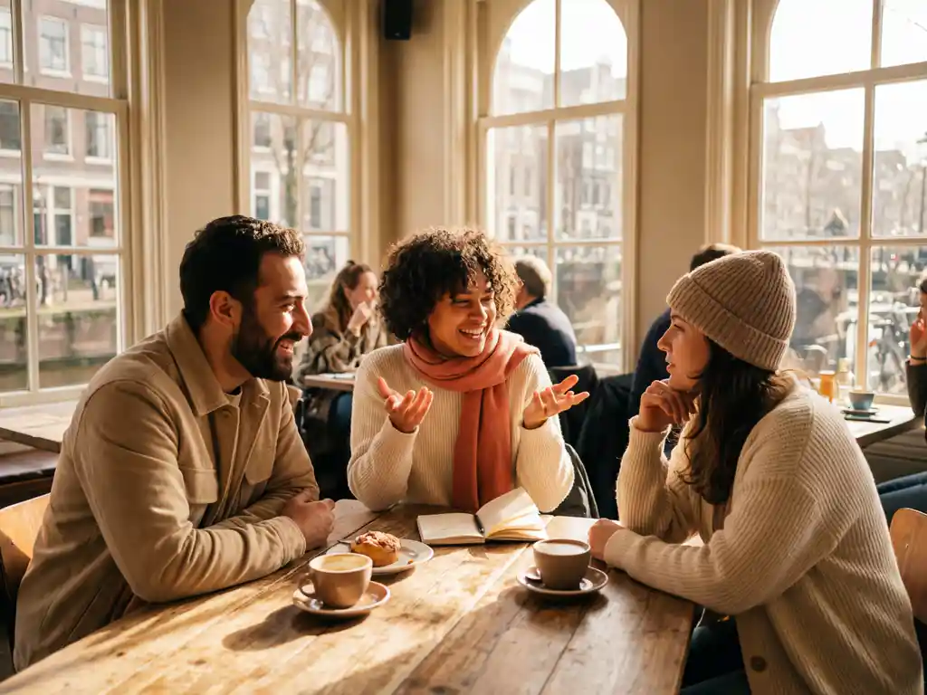 Drie mensen in geanimeerd gesprek aan houten cafétafel in Amsterdam, warme zonnestralen door grote ramen