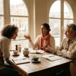 Drie diverse mensen in geanimeerd gesprek aan houten café tafel, met koffiekopjes en notitieboeken, in warm Amsterdams ochtendlicht
