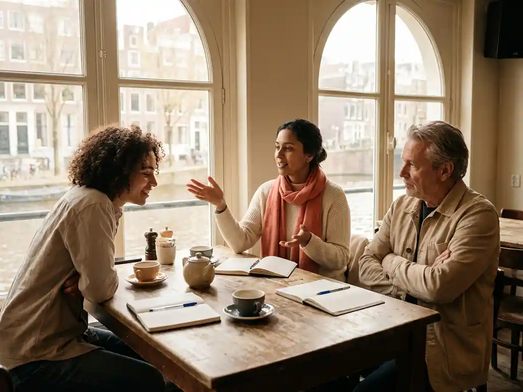 Drie diverse mensen in geanimeerd gesprek aan houten café tafel, met koffiekopjes en notitieboeken, in warm Amsterdams ochtendlicht