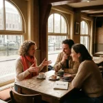 Drie mensen in levendig gesprek aan houten cafétafel in Amsterdam koffiehuis met grote ramen en natuurlijk licht