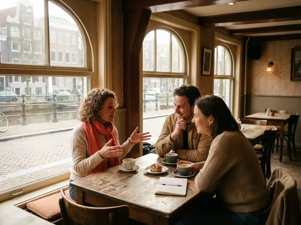 Drie mensen in levendig gesprek aan houten cafétafel in Amsterdam koffiehuis met grote ramen en natuurlijk licht