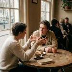 Twee mensen in gesprek aan houten cafétafel in Amsterdam, een persoon gebaart expressief terwijl de ander luistert
