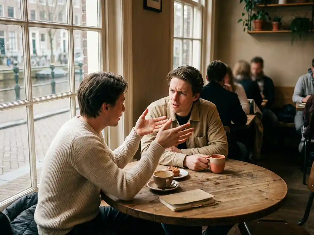 Twee mensen in gesprek aan houten cafétafel in Amsterdam, een persoon gebaart expressief terwijl de ander luistert