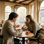 Twee mensen in levendig gesprek aan houten cafétafel in Amsterdams koffiehuis met grote ramen en zachte daglichtinval