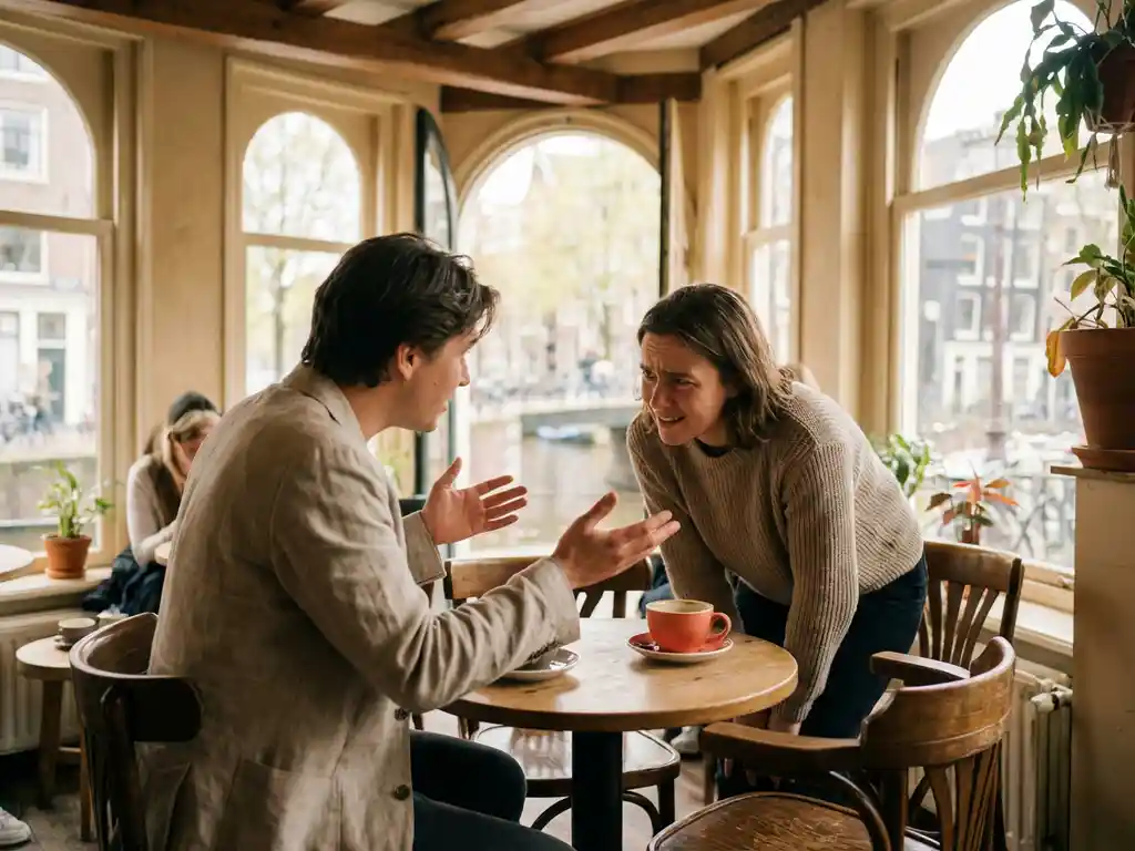 Twee mensen in levendig gesprek aan houten cafétafel in Amsterdams koffiehuis met grote ramen en zachte daglichtinval