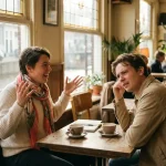 Twee mensen in gesprek aan houten cafétafel in Amsterdam, een persoon gebaart expressief terwijl de ander aandachtig luistert