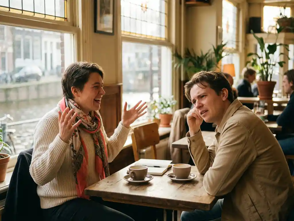 Twee mensen in gesprek aan houten cafétafel in Amsterdam, een persoon gebaart expressief terwijl de ander aandachtig luistert