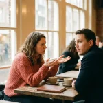 Vrouw in koraalkleurige trui praat met open handgebaren tegen afgeleid uitziende collega in Amsterdam café