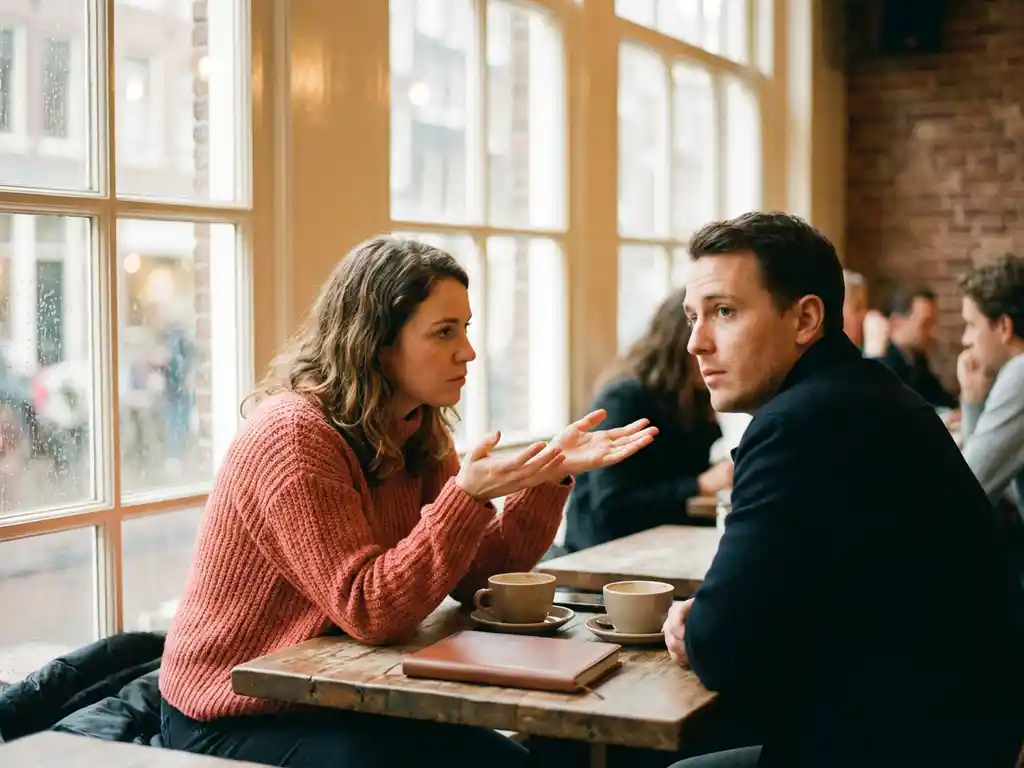 Vrouw in koraalkleurige trui praat met open handgebaren tegen afgeleid uitziende collega in Amsterdam café