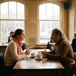 Jonge vrouw en oudere man in geanimeerd gesprek aan houten cafétafel in Amsterdam, kijken langs elkaar heen