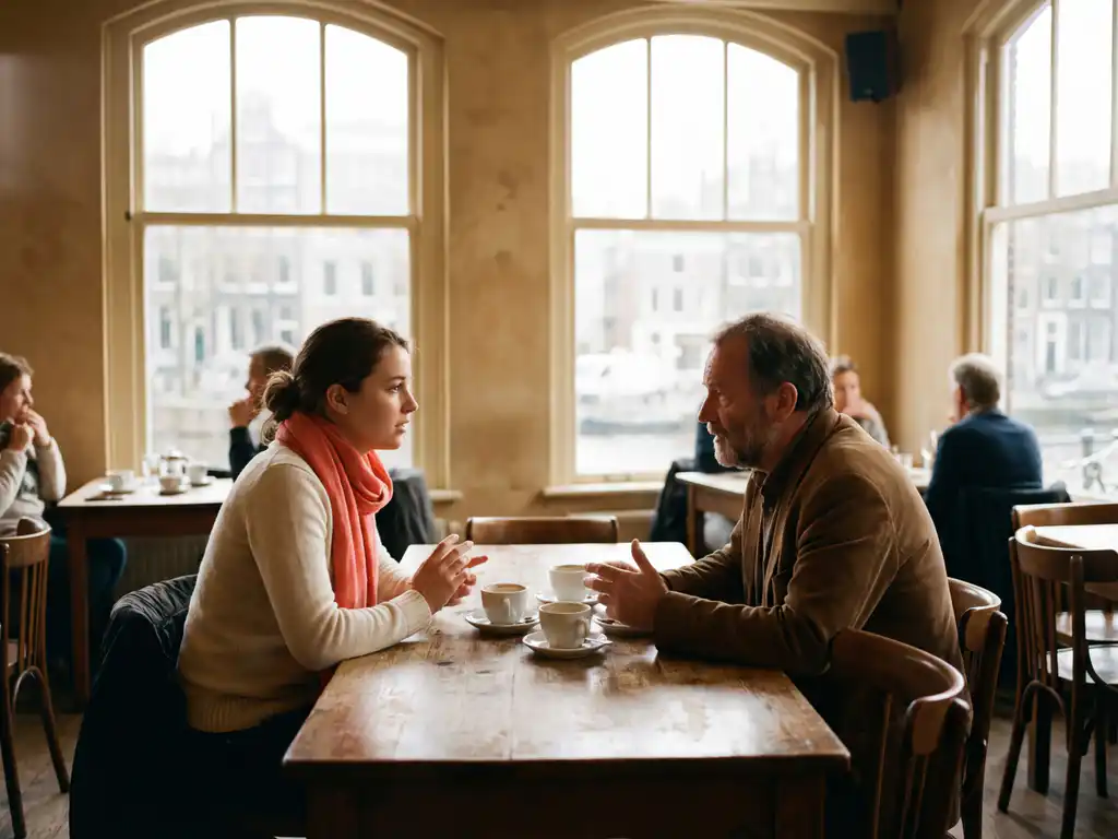 Jonge vrouw en oudere man in geanimeerd gesprek aan houten cafétafel in Amsterdam, kijken langs elkaar heen