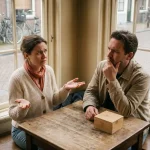 Vrouw met vragende handgebaren tegenover nadenkende man aan houten café tafel bij grote ramen in Amsterdam