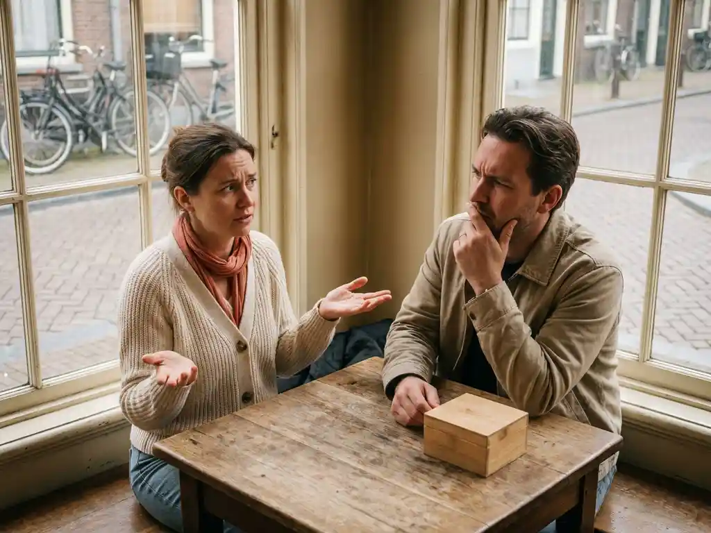 Vrouw met vragende handgebaren tegenover nadenkende man aan houten café tafel bij grote ramen in Amsterdam