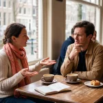 Twee mensen in gesprek aan houten cafétafel in Amsterdam, één persoon gebaart uitlegend, ander luistert aandachtig
