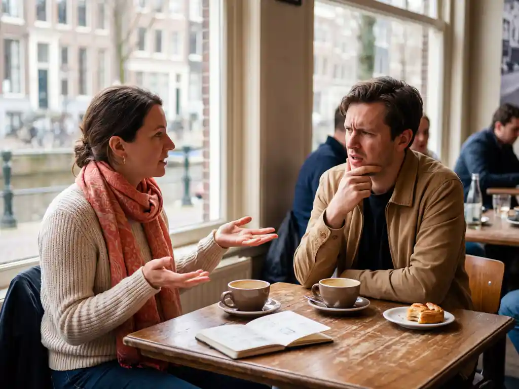 Twee mensen in gesprek aan houten cafétafel in Amsterdam, één persoon gebaart uitlegend, ander luistert aandachtig