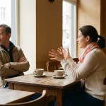 Vrouw met open handpalmen in gesprek met collega die wegkijkt met gekruiste armen aan houten café tafel