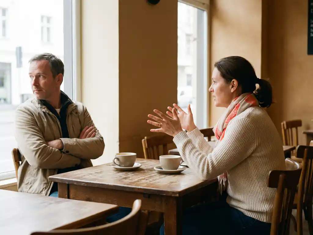 Vrouw met open handpalmen in gesprek met collega die wegkijkt met gekruiste armen aan houten café tafel