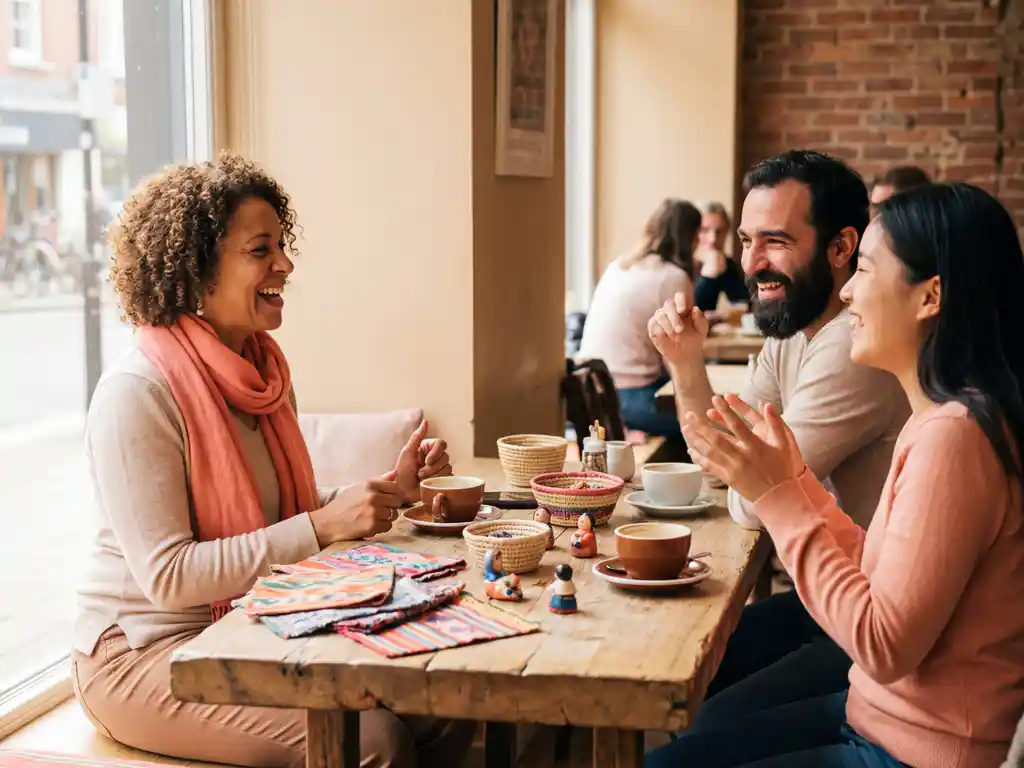 Drie mensen in geanimeerd gesprek aan houten cafétafel met kleurrijke stoffen en culturele voorwerpen, Amsterdam