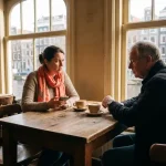 Vrouw met smartphone kijkt verward naar oudere man die op zijn horloge kijkt in Amsterdams café met grachtzicht