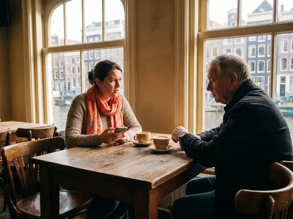 Vrouw met smartphone kijkt verward naar oudere man die op zijn horloge kijkt in Amsterdams café met grachtzicht