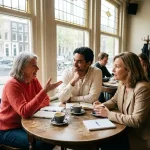 Diverse groep van drie mensen in levendig gesprek aan houten cafétafel in Amsterdam, natuurlijk daglicht door grote ramen