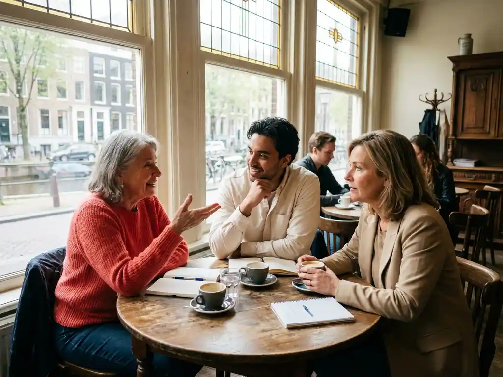 Diverse groep van drie mensen in levendig gesprek aan houten cafétafel in Amsterdam, natuurlijk daglicht door grote ramen